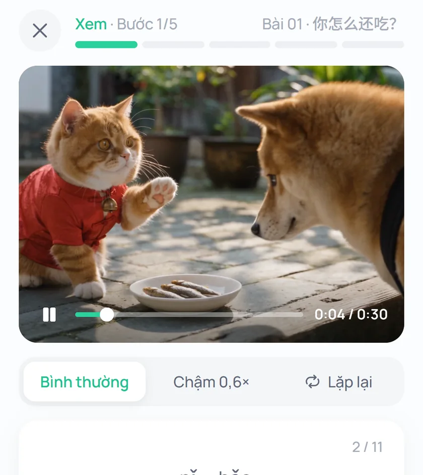 Một bài học đang phát: chú mèo mặc áo khoác đỏ, có nút Bình thường, Chậm và Lặp lại