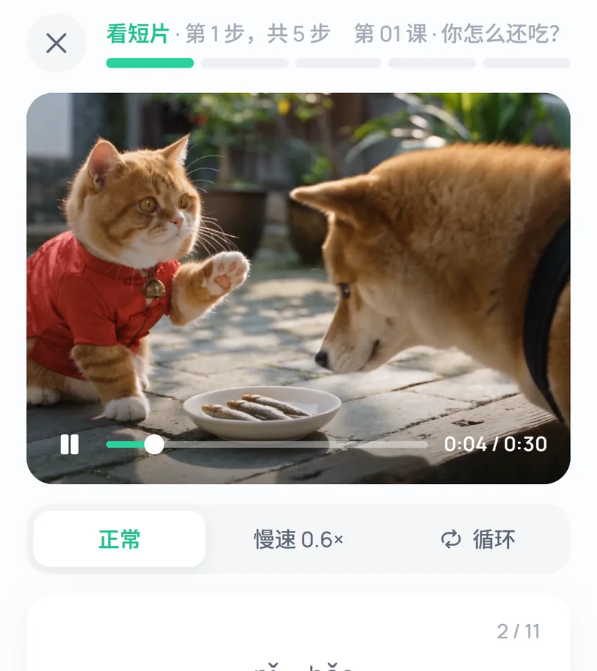 正在播放的一课：穿红外套的猫，下面有正常、慢速和循环按钮