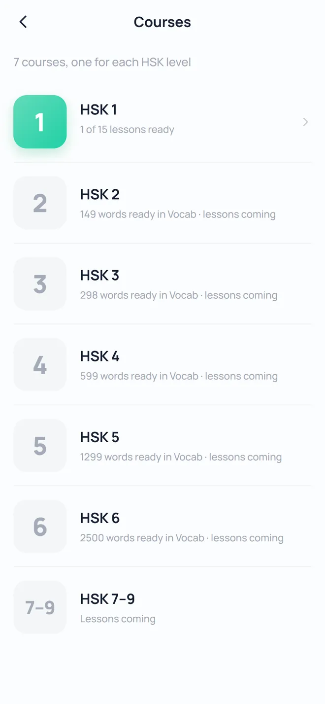 The HSK course list inside the app